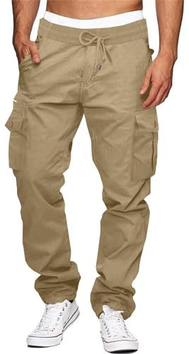 Elegancity Cargohose Herren Outdoorhose mit 7 Taschen Männer Lange Baggy Hose Casual Pants für Sport Wandern Khaki L