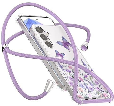 ANFAIRLACE Hülle Kompatibel mit Samsung Galaxy S24+ S24 Plus mit Band, Bedruckt Blumen/Pflanzen/Schmetterling/Kunstmuster - Anti-Peel, Klar TPU Stoßfest Handyhülle, Lila