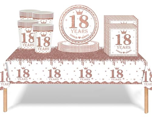 53Pcs Rose Gold 18th Birthday Party Tableware Decorations - Table Cloth, Plates, Napkins, Cups Sets for Girls' 18th Birthday Gifts & Dinnerware Supplies