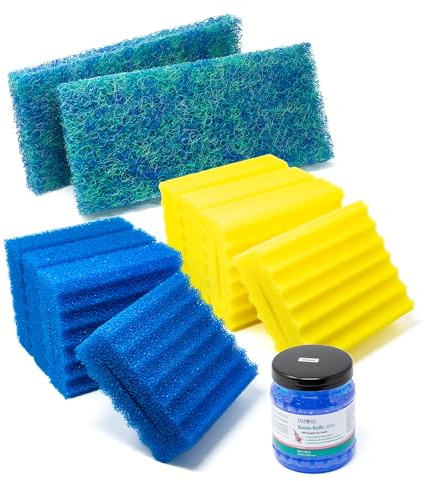 VIALIA 10x Filterschwämme Ersatzteil Set für Kammerfilter CBF-350B | 4 Blaue und 4 gelbe Schwämme, 2 Japanmatten, mit Bubble-Bio-Start, 22,5x20x8,5 cm pro Schwamm