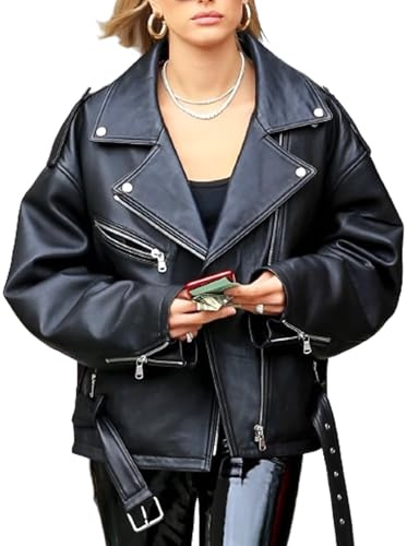 A&M Express Giacca da motociclista nera oversize da donna modello americano in vera pelle