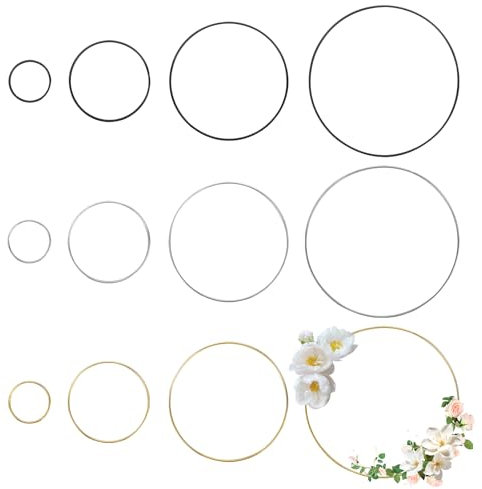 TESSTSY 12 Stück Metallringe zum Basteln, 5/10/15/20 cm Deko-Metallring, Traumfänger Ringe Schwarz Gold Silber, Metallring für Traumfängerkreis, Dekoringe zum Hängen, für Hochzeitskranz