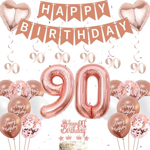 90th Birthday Party Decorations Women - 44 Pieces Rose Gold Birthday Party Decoration, 90 Banner Hanging, 90th Foil Balloons, Happy Banners, Heart Balloon, Cake Topper for Womens 90 gift Supplies