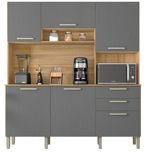 ACTUAL DIFFUSION Buffet de Cuisine 6 Portes 2 Tiroirs Chêne et Gris L 180.2 H 198 P 38.8 cm
