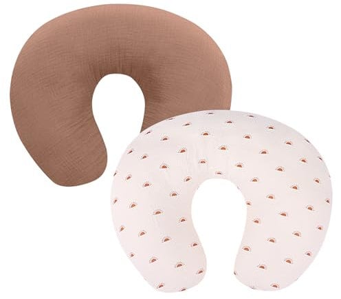 Winmany Stillkissenbezüge aus Musselin, weiche Baumwolle, für Neugeborene, Stillkissenbezug, Baby-Fütterkissen, Schonbezug, Duschgeschenk für Jungen und Mädchen, Hellbraun + Sonne, 2 Stück
