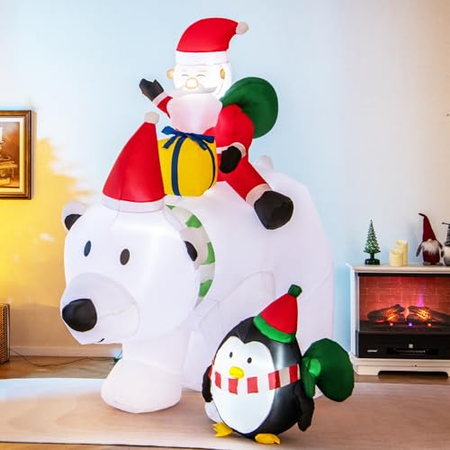 SOARS aufblasbarer Weihnachtsmann auf Eisbär, Weihnachten Eisbär mit wackelndem Kopf, Pinguin & Geschenkbox, LED Weihnachtsdeko aussen XXL, Weihnachtsfigur, Weihnachtsbeleuchtung, 230 x 70 x 210cm