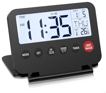 ORIA Digital Travel Alarm Clock, Small Foldable Alarm Clock, Battery Operated LCD Desk Clock, Simple Operation Calendar Clock with Backlight, Date, Temp, Snooze, for Travel Business Trip Home
