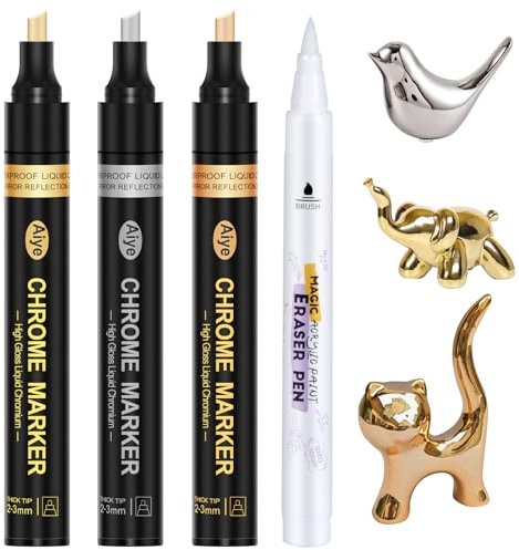 JDcition Metallic Marker Pens 4Pack, 3 Colors Permanent Markers Mirror Effect & 1 Clean Pen, 2-5mm Large Application Area, High Gloss, Waterproof, Chrome Paint Marker for Crafts, DIY, Painting