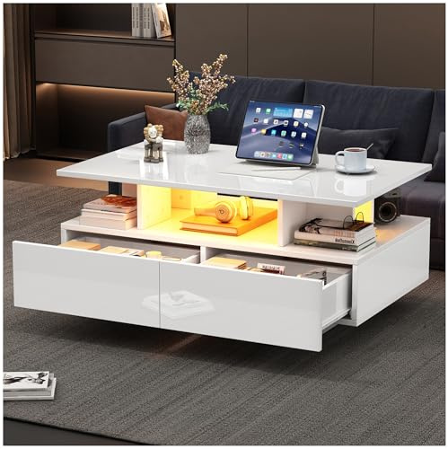 Sapgaks Table Basse Moderne Haute Brillance avec éclairage LED et 2 tiroirs,Table Basse Salon 90x55x41 cm,Table d'appoint élégante avec Espace de Rangement,Blanc