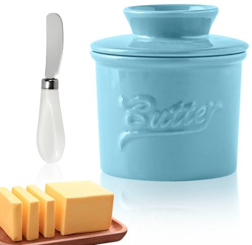 Keramik Butterdose: Französische Butterdose Mit Deckel, Wasserlinie Und Buttermesser, Butterglocke Porzellan für Streichfähige Butter Butterdose für 5,5 oz Butter (Blau, 1)