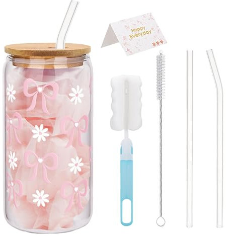 Onperpoe Coquette Aesthetic Glass Cups with Lids and Straws, Pink Bow Daisy Iced Coffee Glass Cup, 16oz Cute Glasses Tumbler Gifts for Women Girls Friends