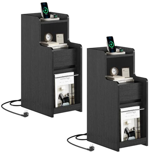 2er Set Nachtschrank Schmal mit Ladefunktion Beistelltisch mit 2 Schubladen, Couchtisch, Nachtkommode mit Steckdosen, Nachtkästchen, Modern, für Schlafzimmer Wohnzimmer Arbeitszimmer (2, Schwarz)