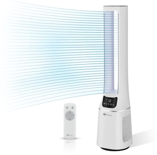 PureMate 2-in-1 Bladeless Tower Fan & air purifier with HEPA Filter, 10 Speed Settings, Portable Ultra Quiet Standing Fan with Remote Control, Digital Display, Powerful Air Cooling for home & office