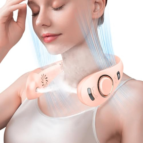 Ventilateur Brumisateur de Cou,Mini Collier Ventilateur USB Batterie sans Lame Pliant avec Eau Froide,Portable Neck Fan Léger Basse Consommation avec Affichage LED pour Cuisine Extérieure Bureau Rose