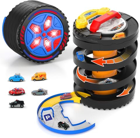 VATOS Toy Car Race Track Set, 2-in-1 Foldable Tire Toy Racing Tracks Tower for Kids, Tire Raceway with 5 Cars, Rolling Wheel Game with Light & Sound, Gift for Boys Girls Ages 3 4 5 6