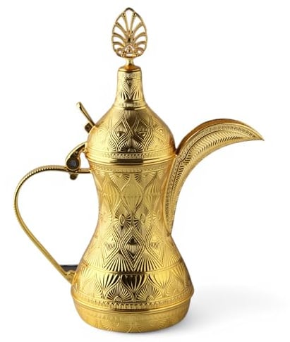 Alisveristime Dekorativer Zamak-Dallah-Krug – elegante Ottomane & Nahöstlich inspirierte Metall-Kaffeekanne für Heimdekoration (25 x 20 x 10 cm) (Gold)