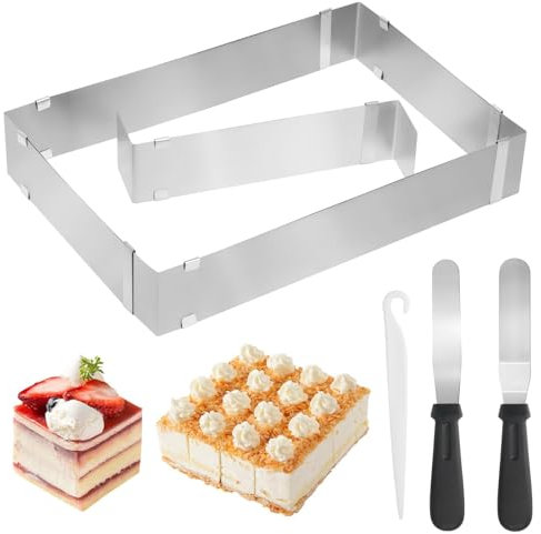 TayBong Rectangle Cake Tin, Stainless Steel Adjustable Square Cake Tin with Divider, Scrapers & Release Knife for Crumpets, Tiramisu, Cake Baking