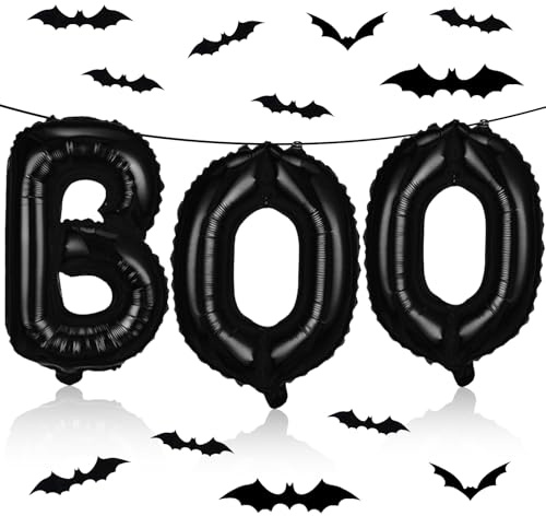 BOO Folienballon, Halloween Ballon Dekoration Set, Halloween Party Luftballons, Schwarz Luftballons BOO, mit 3D Fledermaus Deko, Partydekorationen (C)