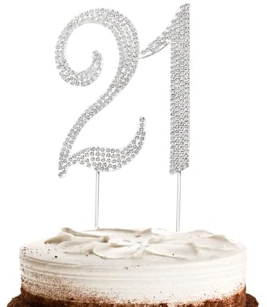 Hugwish Happy 21th Birthday Cake Topper Diamante Silver Bling Rhinestones, Number 21 Anniversary Cake Topper For Women Birthday Party Marriage Anniversary (21 silver)