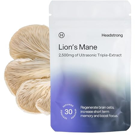 Headstrong Lion's Mane Mushroom Capsules, 90% Active Compound Yield, Ultrasonic Triple-Extract Powder, 30 Day Supply, 2,500mg per Capsule.