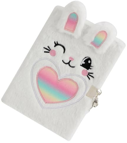 Ipetboom Plush Cover Notebook with Lock Cute Cartoon Bunny Journal Colorful Fuzzy Diary for Note Taking and Writing Gift for Students and Friends