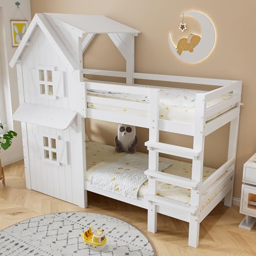 Ligterra Hochbett Kinderbett 90x200cm, Etagenbett, Schöne Fenster und Dach, Seitliche Sicherheitsgeländer, Dreistufige Gerade Leiter, Stabile Lattenroste, Massivholzbett, Ohne Matratze(Weiß)