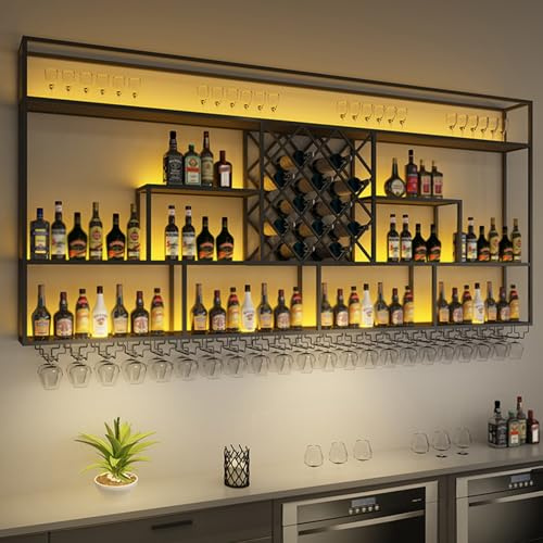 Labasuan Portabottiglie da parete a 4 ripiani con luci a LED, mensola da bar industriale per bottiglie di liquore, mensole sospese per bottiglie di liquore con portabicchieri