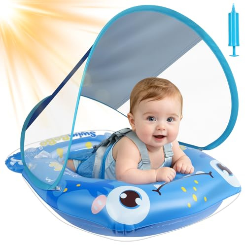 Cheffery Salvagente Neonato con Parasole, Ciambella Neonato Mare per Nuotare a Dorso, a Pancia e Disteso, Gonfiabile Neonati Mare UPF50+, Anello Galleggiante per Bambini per Neonati 3–36 Mesi