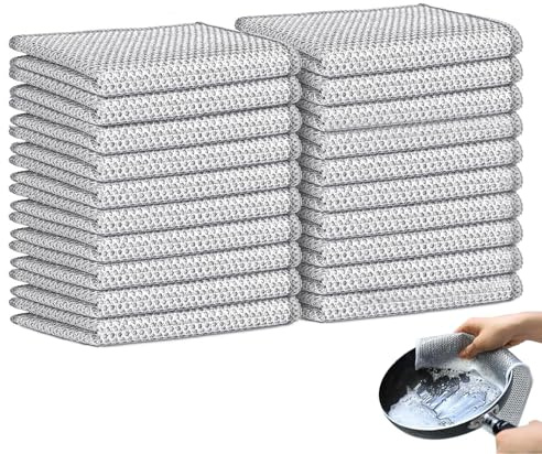 Fuonmka 20 Pcs Double-Layer Silver Mesh Dishcloths, Non-Scratch Wire Dishwashing Cloth, Wet and Dry, Reusable Metal Cleaning Cloth for Kitchen Dishes Pots Sinks Stoves (20x20cm)