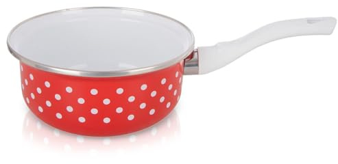 orion group Emaille Kochtopf 950 ml Retro-Stieltopf Ø 16 cm Für alle | Herdarten Ofen geeignet Robustes Material mit Griff Spülmaschinenfest Roter Topf mit weißen Punkten
