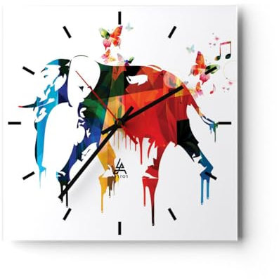 Modern Wanduhr Elefant Tierwelt Fantasie 40x40cm Quadrat Groß Wand Uhr Glas Analog Zimmeruhren Küche Büro Wohnzimmer Glasuhr Wall Clock Dekoration Design Wanddekoration Küchenuhr C3AC40x40-3079
