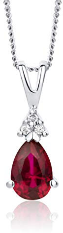 OROVI Schmuck Damen Tropfen Kette Gold mit Ketttenanhänger Edelstein/Geburtsstein Rubin in Rot verziert mit 3 natürlichen Diamanten Brillanten klassische Halskette Weißgold 9 Karat / 375 Gold