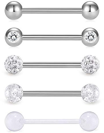 FECTAS 5pcs Langue Mamelon Anneau Barbell Set 14 Gauge 316L en Acier Inoxydable Chirurgical 14mm Barre Piercing Bijoux