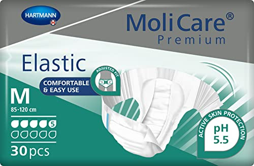MoliCare Premium Elastic 5 Drops Unisex Adult Nappies, Size M | 30 pairs, three-layer absorbent core for severe leaks, elasticated side panels, instant-dry feeling, skin-friendly