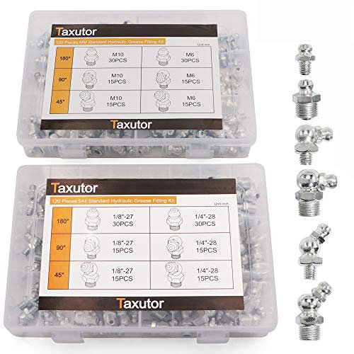 Taxutor Metrische hydraulische Fettbeschläge SAE und MM Standard 240-teiliges Kit - gerade, 90 Grad, 45 Grad abgewinkeltes Fett Zerks Fitting Sortiment Set