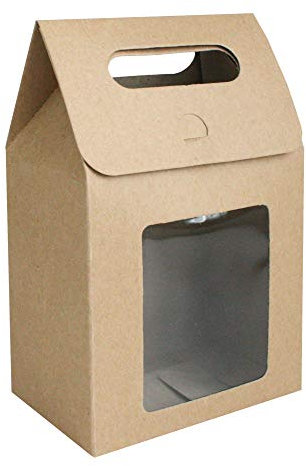 Emartbuy Strong Paper Stand Up Gift Bag, 19.5 cm x 13.5 cm x 8 cm, Brown Kraft Bag Candy Cookies Box with Clear Window - Pack of 12