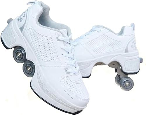 ZZ Inline-Skate Rollschuh Roller Skates Lauflernschuhe,Sneakers,2in1 Mehrzweckschuhe Schuhe Mit Rollen Skateboardschuhe,Inline-Skate,Verstellbare Quad-Rollschuh Stiefel Skateboardschuhe,White-EU35