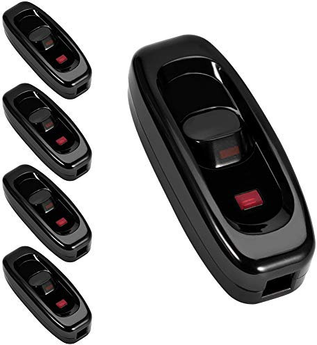 Inline-Kabelschalter, 5 Stk. Geräteschalter 250V 10A Durchgangsschalter Wipp-Inline-Schalter für Stromkabel Tischlampe Schreibtischlampe Ein/Aus-Taster Ersatz mit LED-Anzeige, Schwarz Packung mit 5