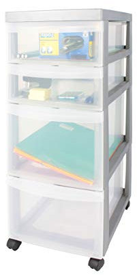 Iris Ohyama Kunststoff-Schubladenbox mit Rollen, 2 tiefe und 2 flache Schubladen, Silber, Griffe zum Ziehen, Für Schlafzimmer, Bad, Schule & Büro, BPA-frei, Schubladenschrank, Rollcontainer, DC-322