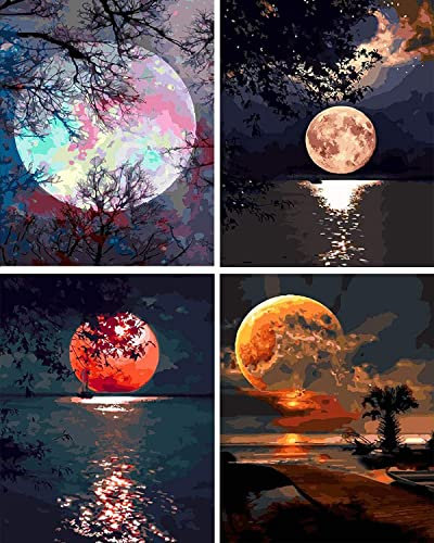 TARATH 4 Pièces Peinture par Numéro peindre par Nombre pour Adultes Débutant DIY Peinture à l'huile Kits pour la Décoration Intérieure Maison 16 * 20 Pouces sans Cadre-lune