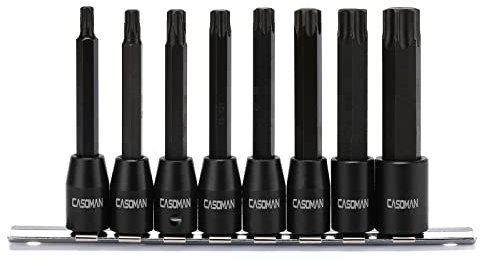 CASOMAN 8 Piece 3/8” Drive Extra Long Torx Star Bit Socket Set, T30-T70, S2 Steel, 3.5-inch Length Torx Bit in 3/8-inch Dr.