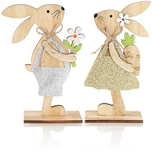 com-four® 2x Figure decorative Pasquali - Coniglietto pasquale con fiore e carota in legno - Coniglio da appoggiare - Decorazione pasquale in legno (2 pezzi - arancione/giallo)