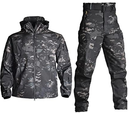 Suwequest Jagdbekleidung Jagdjacke Sets Taktische Jacken Hosenanzug Black-Camouflage 5XL for 105-115kg