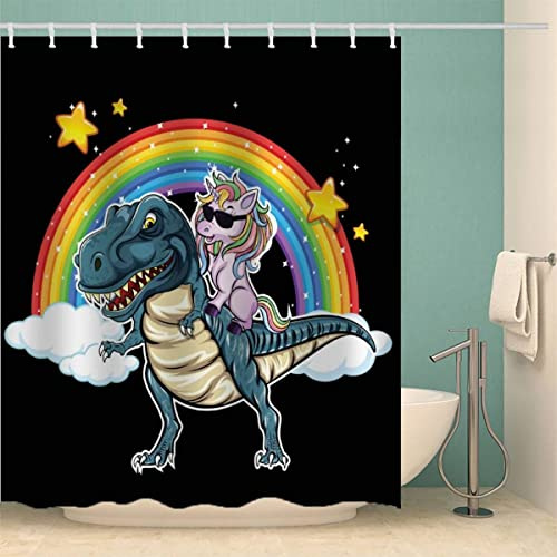 MOXINO Einhorn Duschvorhang Anti-Schimmel 180x200 cm Polyester Stoff Textil Waschbar Badvorhang 3D Lustig Regenbogen Dino Motiv Design Duschvorhänge Wasserdicht Badezimmer Vorhänge mit 12 Haken