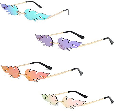 4 Stück Flame Fashion Sonnenbrillen, Flammenbrille Rahmenlose Sonnenbrillen, Creative Flamme Form Brillen Unisex, Randlos Welle Sonnenbrille Mode, Persönlichkeit für Party Strand Draussen