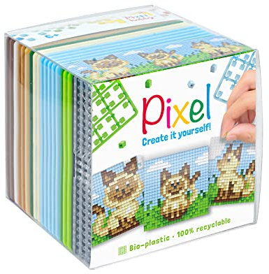 Pixel P29021 - Bastelset Katze, Stecksystem als kreatives Hobby für Kinder ab 6 Jahre, Würfelbox mit Motivvorlagen und Pixelquadraten