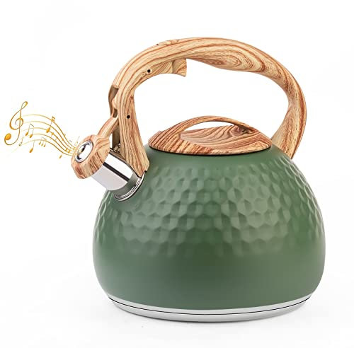 ERWEY 3L Moderne Wasserkessel Induktion Pfeifkessel aus Edelstahl, Teekessel für alle Kochplatten, Flötenkessel mit Holz-Farbe Griff, Wasserkocher für Tee Kaffee, Grün