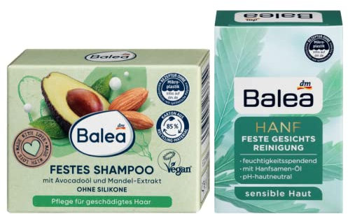 Balea 2er-Set: FESTES SHAMPOO intensive Pflege für geschädigtes Haar mit Avocadoöl & Mandelextrakt (60 g) + FESTE GESICHTSREINIGUNG HANF Seife mit Hanfsamen-Öl für sensible Haut (65 g) 125 g