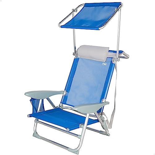 AKTIVE 62285 - Silla de Playa Plegable con Parasol, Incluye cojín, Bolsillo y asa de Transporte, antivuelco y reclinable 5 Posiciones, Peso máximo soportado 110 kg, Medidas desplegada 47x43x67 cm