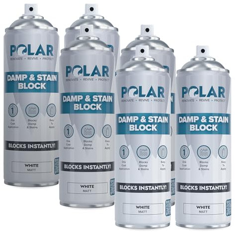Polar Damp & Stain Block Spray | Matt White - 6 x 500ml | One Coat Anti Mould Spray | Damp Proof Paint for Internal Walls, Wood, Stone & Brick | Stain Blocker Paint for Ceiling